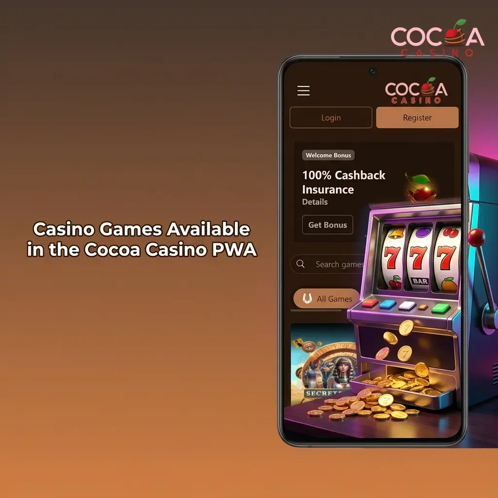 Cocoa Casino PWA game library showing slots, live casino, table games and jackpot slots available to UK players on mobile
