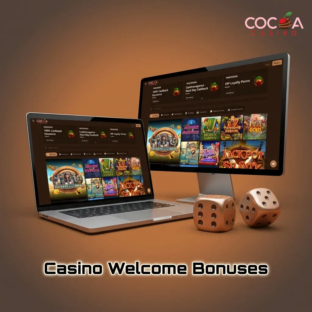 Cocoa Casino welcome bonuses showing 200% deposit match and 100% cashback insurance offers for new UK players