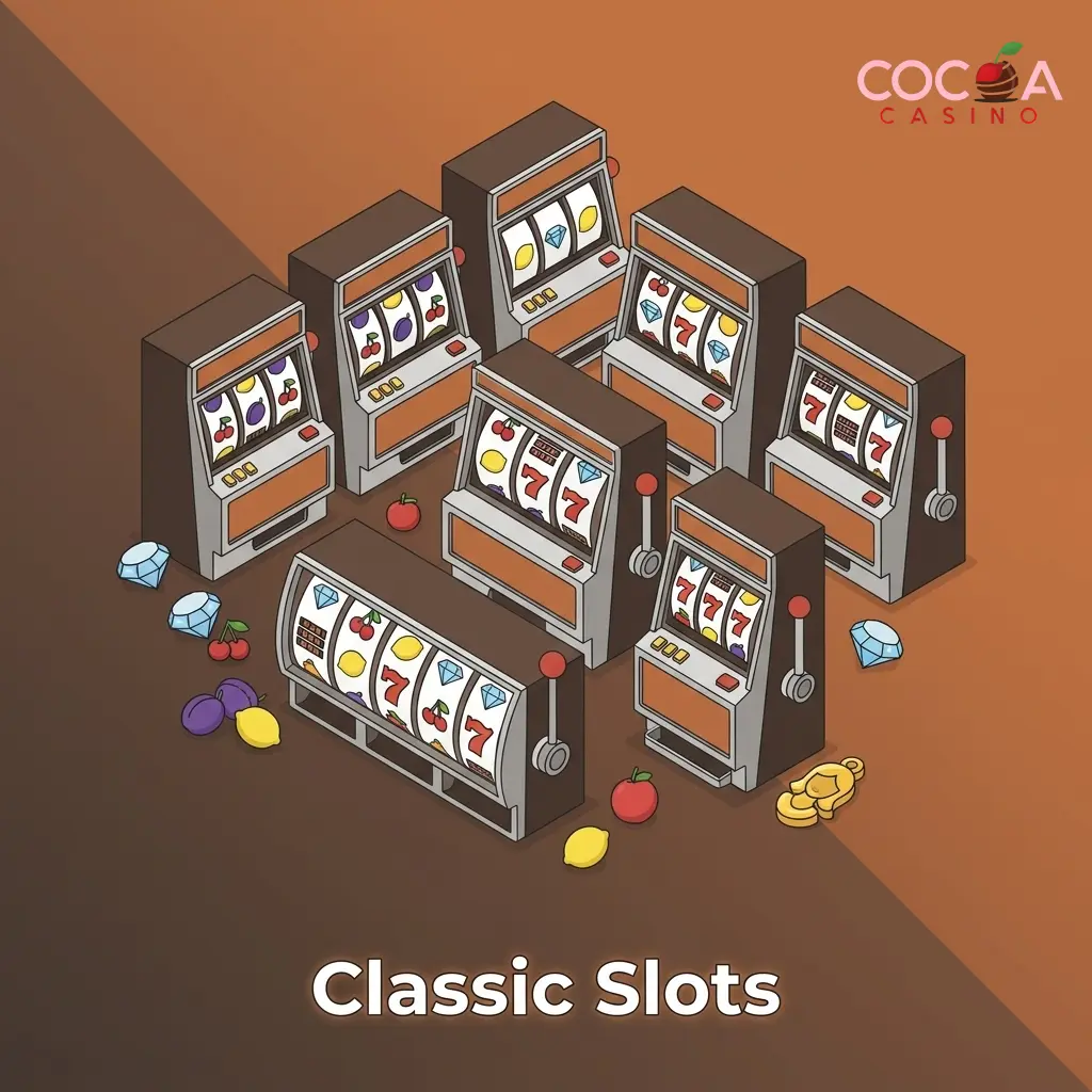 Classic slot machine reels with fruit and diamond symbols representing simple 3 to 5 reel online slots at Cocoa Casino