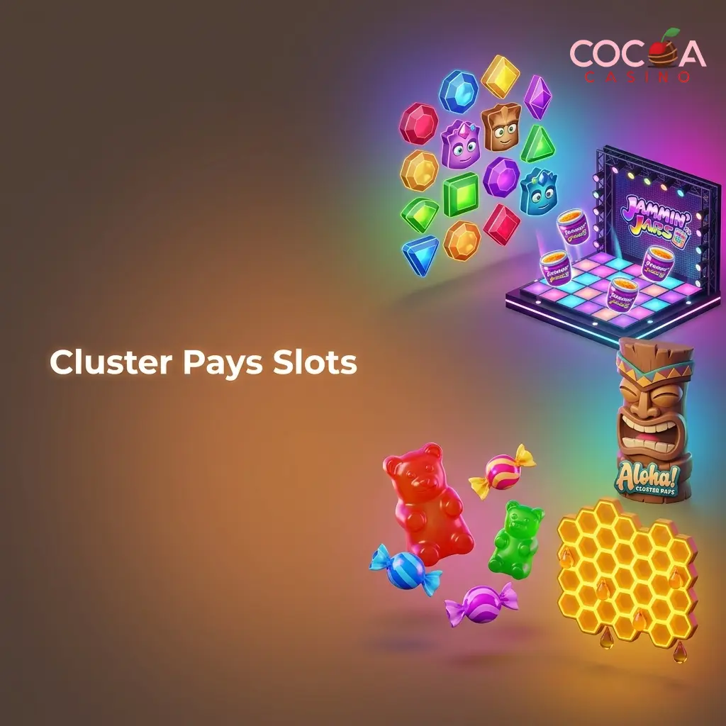 Cluster pays slots grid showing matching symbols connected horizontally and vertically for wins across cascading reels