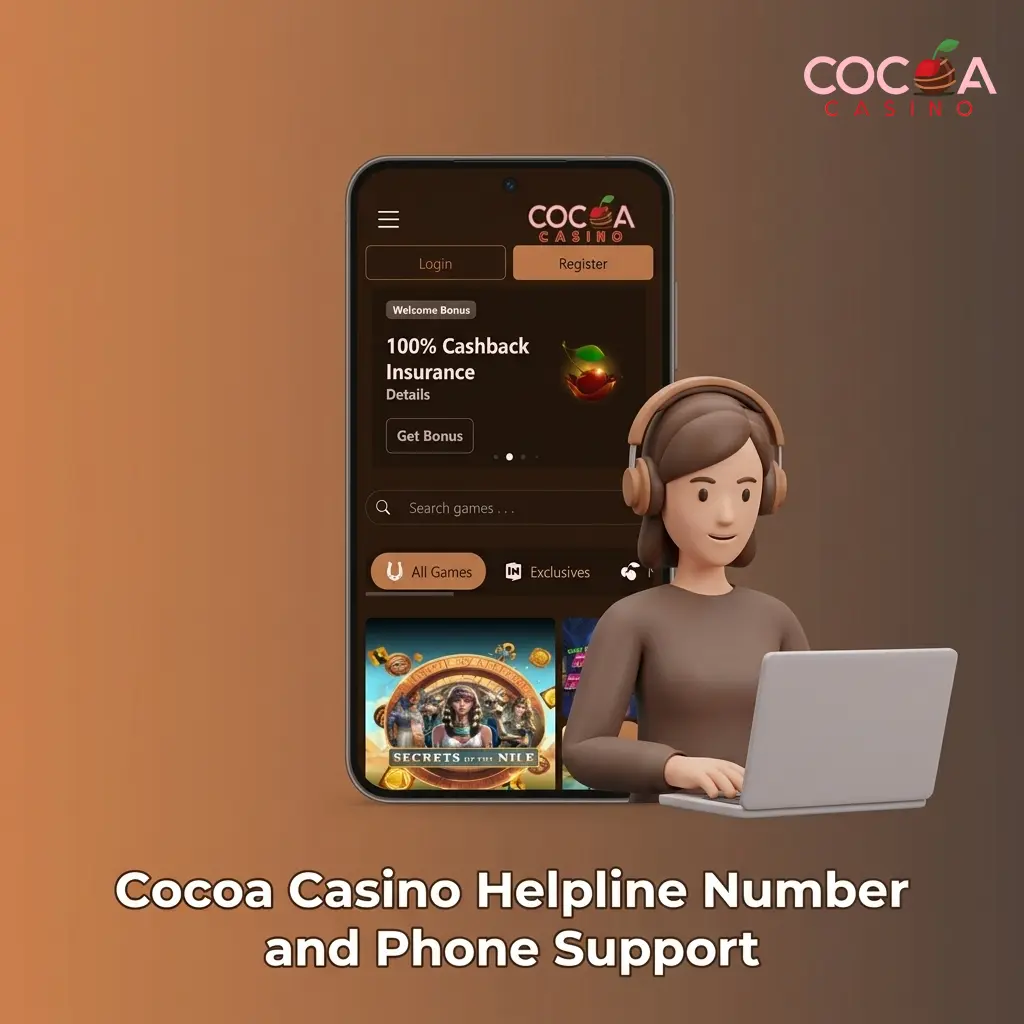 Cocoa Casino customer support options showing live chat and email channels for UK players with no phone helpline listed