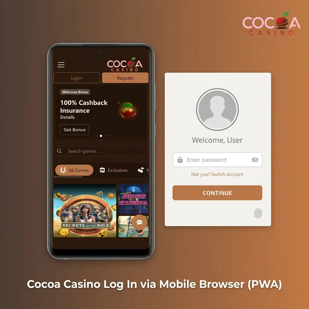 Cocoa Casino mobile browser PWA login screen showing email and phone number sign-in options on a smartphone