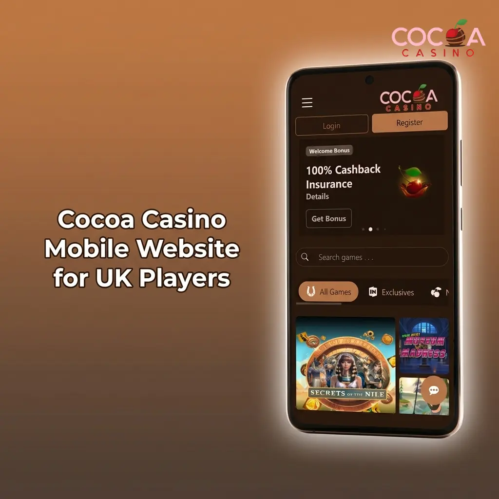 Cocoa Casino mobile website on Android and iOS browsers showing full casino access for UK players