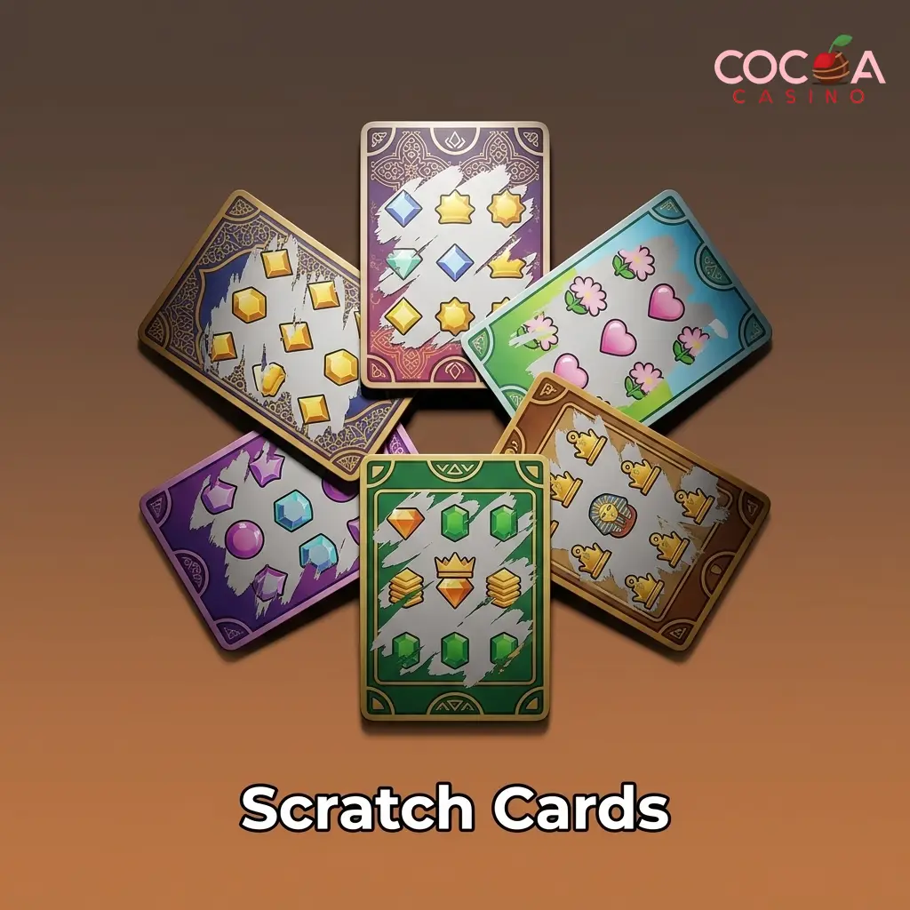 Scratch cards on Cocoa Casino showing instant-win games including Gold of Persia and Fluffy Favourites titles