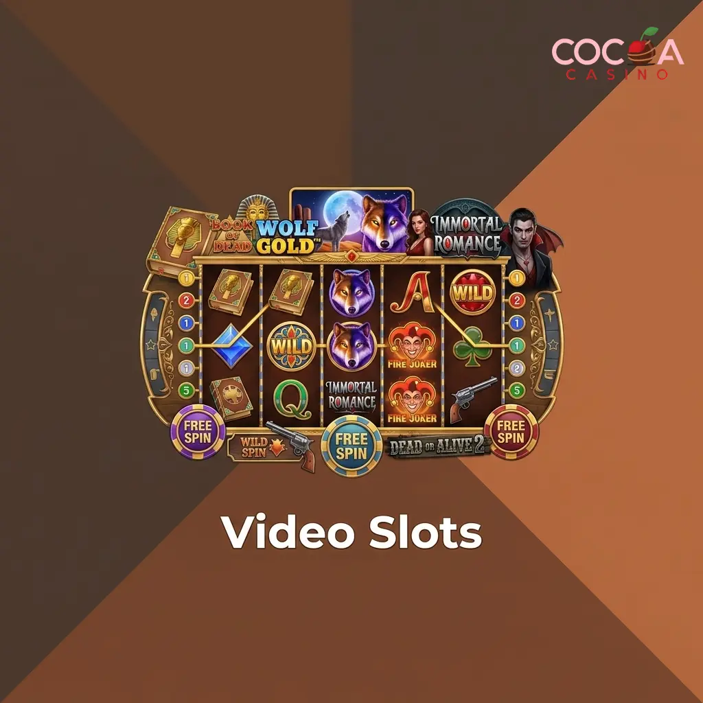 Cocoa Casino video slots lobby showing 5-reel games including Starburst, Book of Dead, Wolf Gold and Immortal Romance