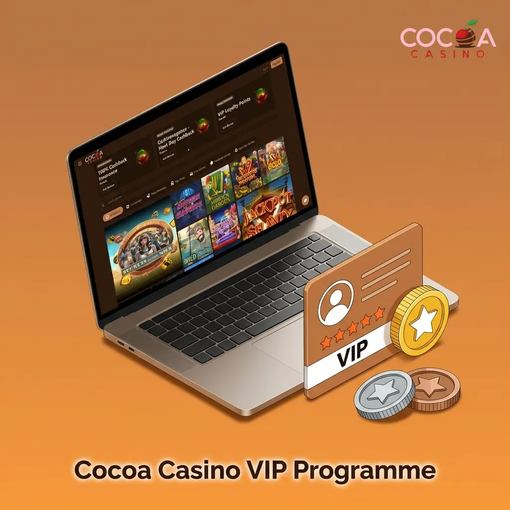 Cocoa Casino VIP programme tier chart showing Bronze, Silver, Gold, and Platinum loyalty levels with benefits