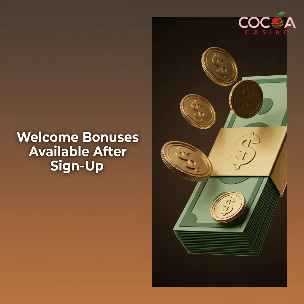 Cocoa Casino welcome bonuses showing 200% deposit match and 100% cashback insurance offers for new players after sign-up