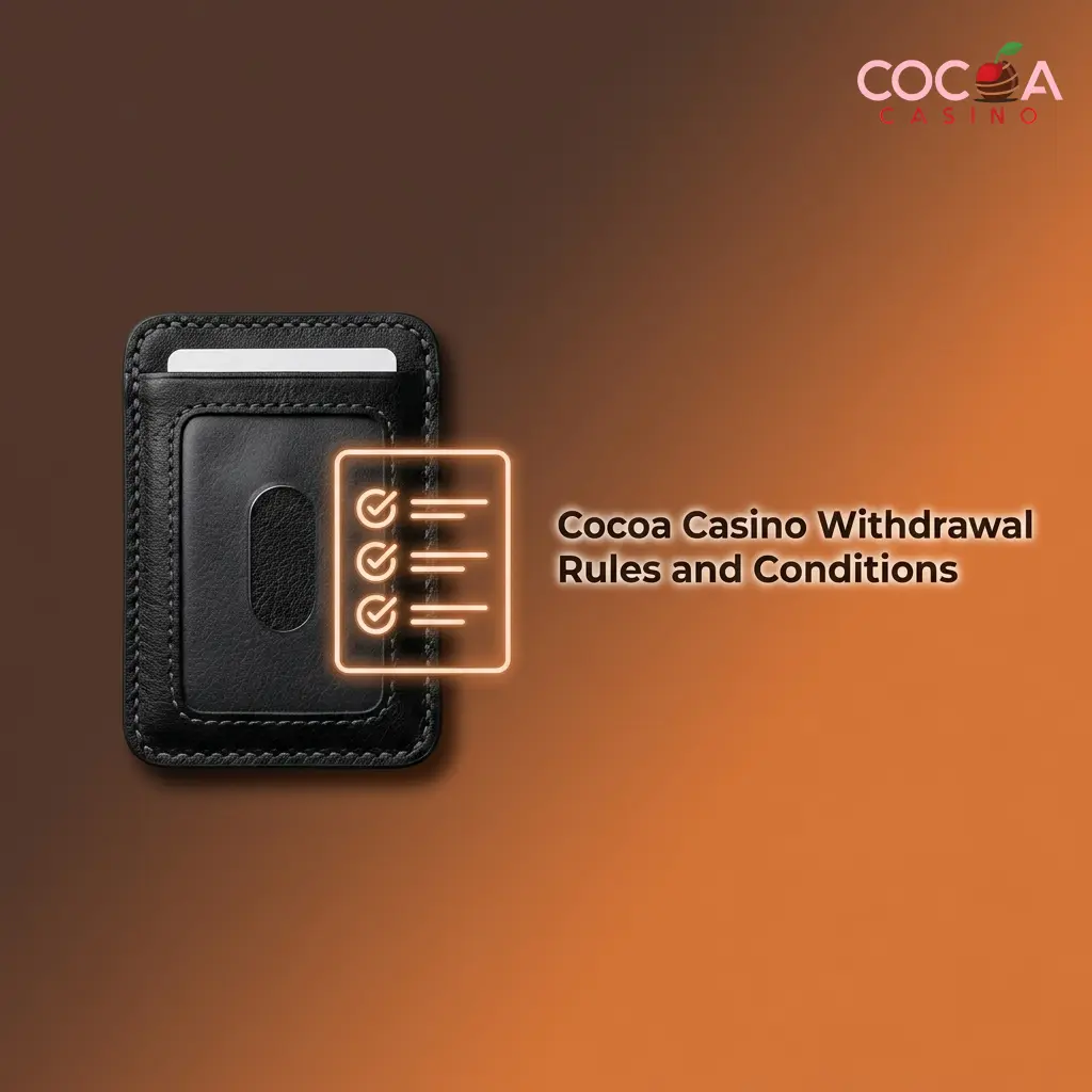 Cocoa Casino withdrawal rules showing KYC verification, minimum £10 limit, bonus wagering and £7,500 maximum transaction cap