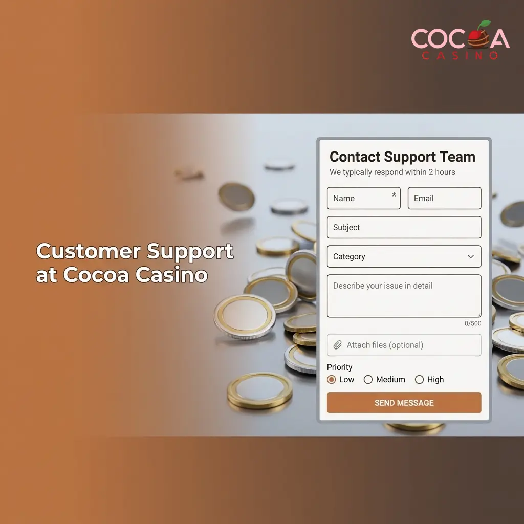 Cocoa Casino 24/7 customer support team helping UK players with withdrawals via live chat, email, and FAQ centre