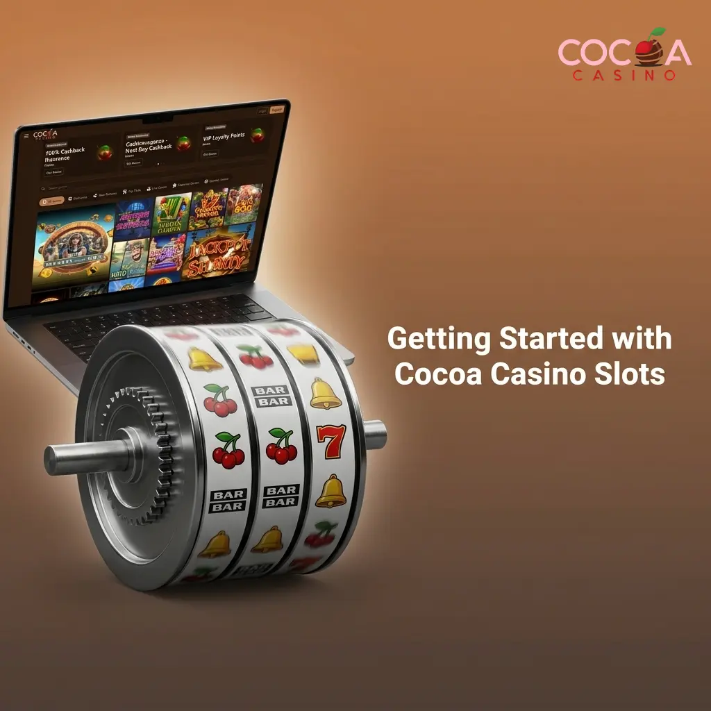 Cocoa Casino slots lobby guide showing five steps to register, deposit, browse games and start spinning for real money