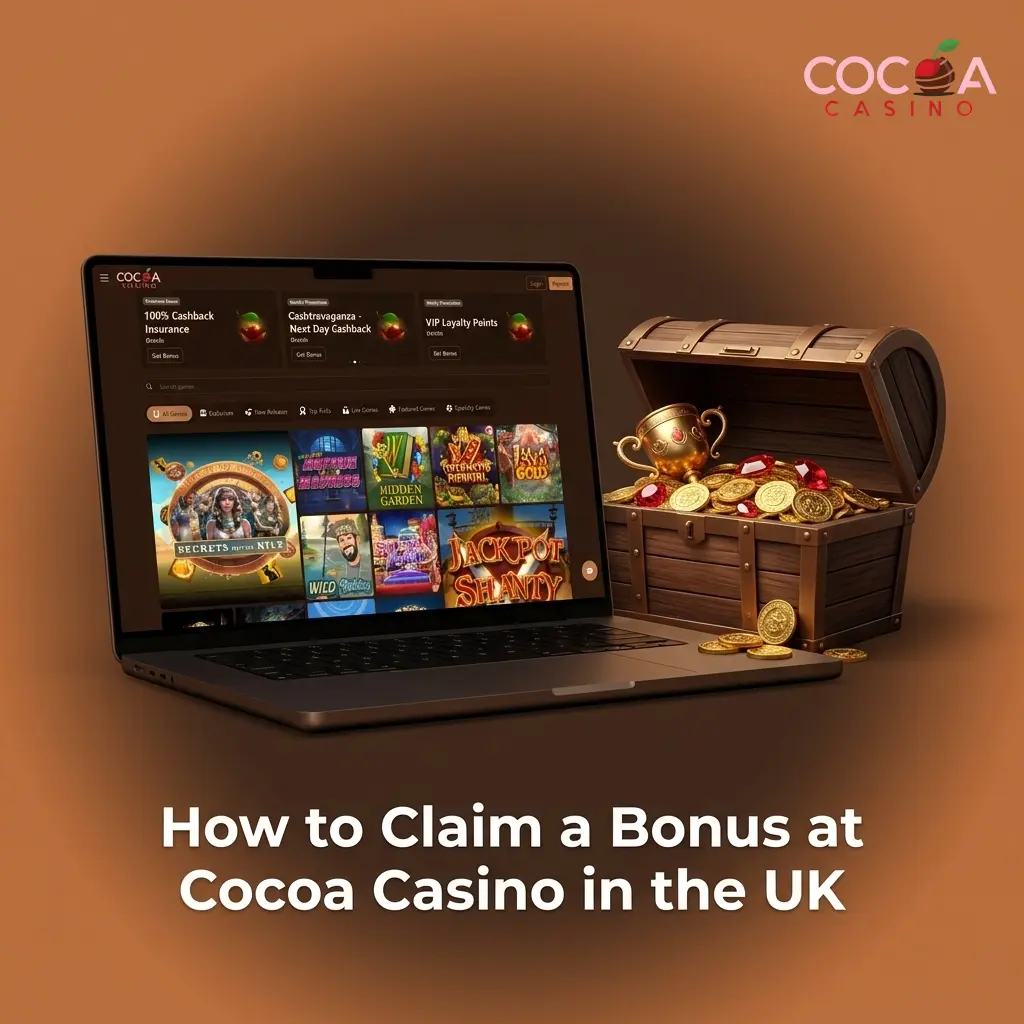Cocoa Casino UK bonus claim guide showing step-by-step registration, deposit, and promotion activation process