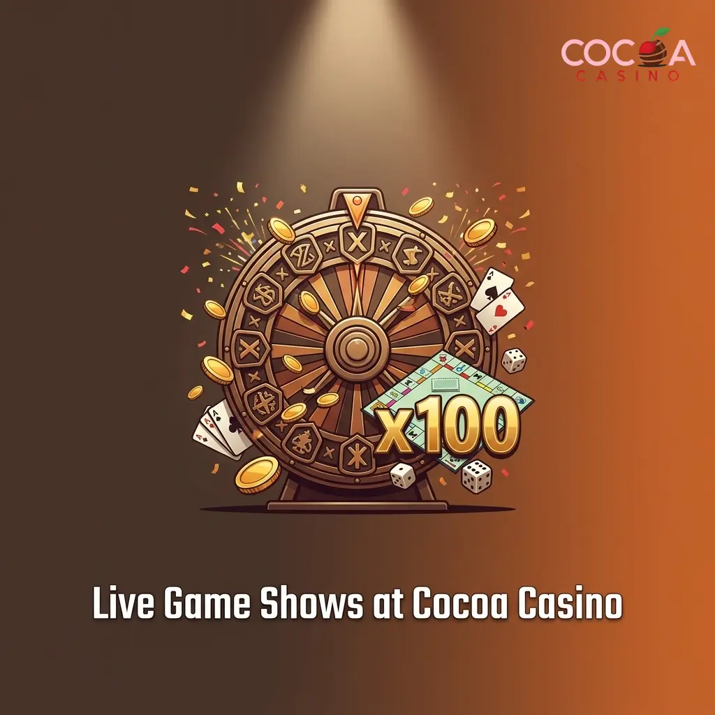 Live game show lobby at Cocoa Casino featuring Evolution titles like Crazy Time, Mega Ball and Monopoly Live