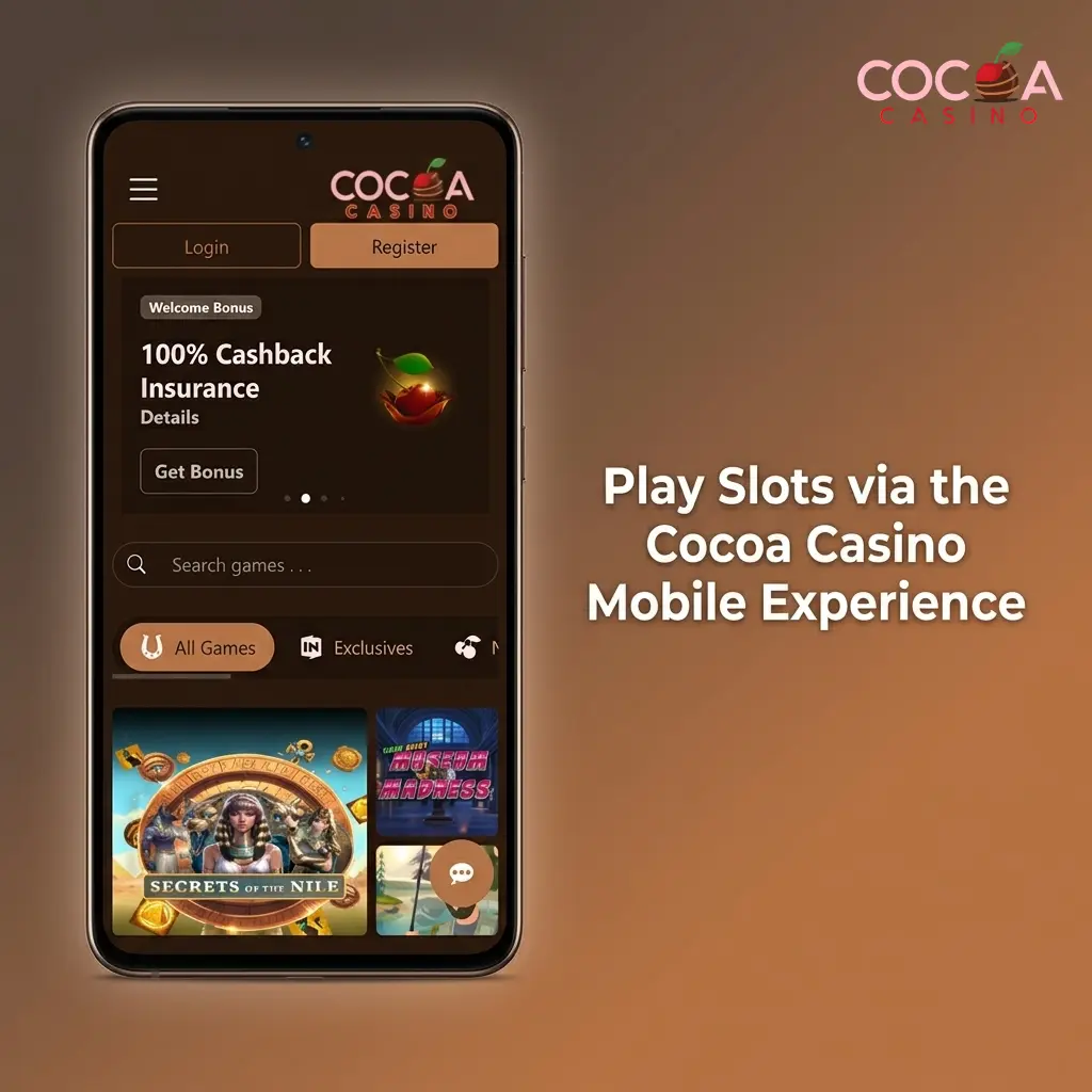 Cocoa Casino mobile PWA interface showing slots catalogue on smartphone browser with bottom navigation bar