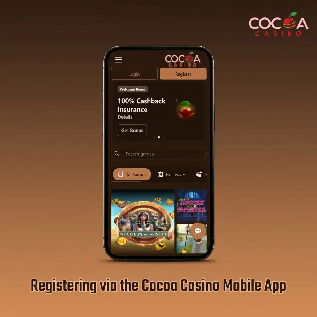 Cocoa Casino mobile app registration screen on iOS and Android showing sign-up steps for new account creation