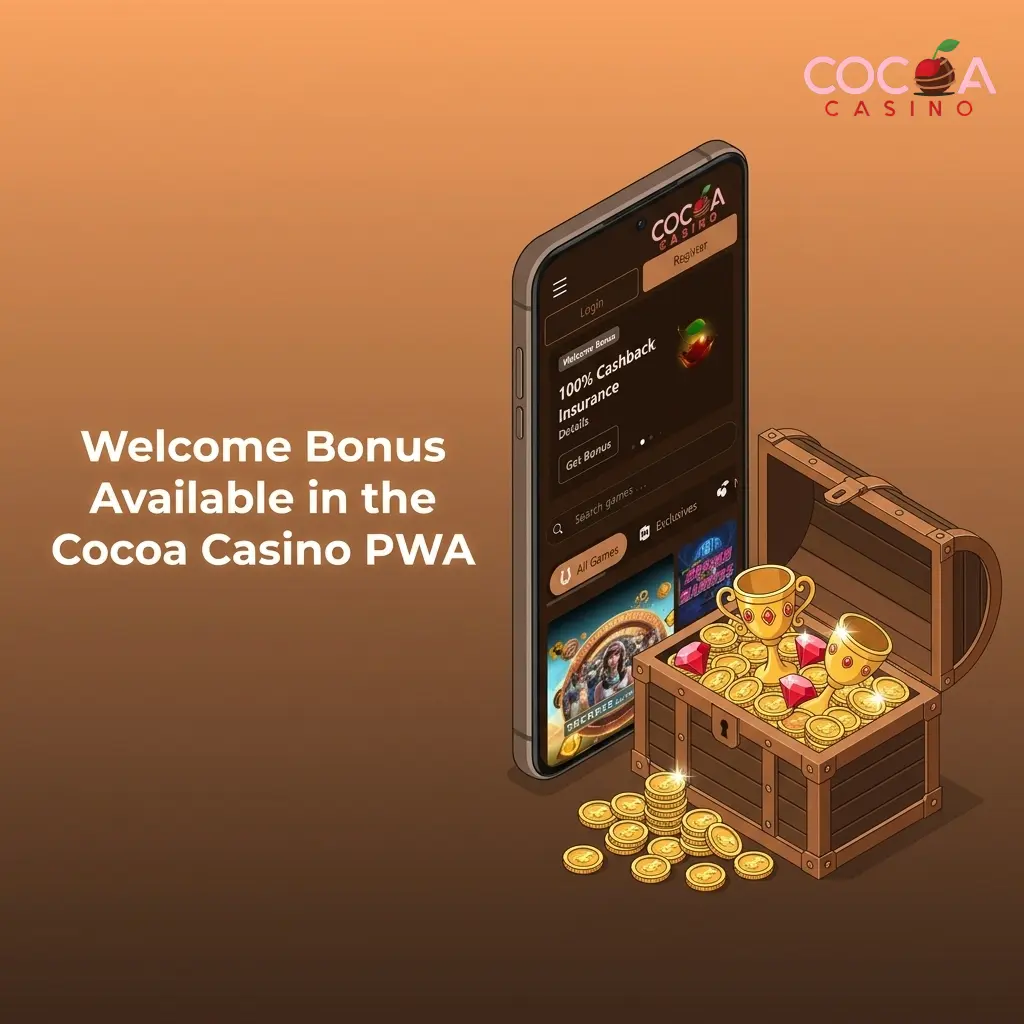 Cocoa Casino PWA welcome bonus showing 200% deposit match and 100% cashback insurance for UK players