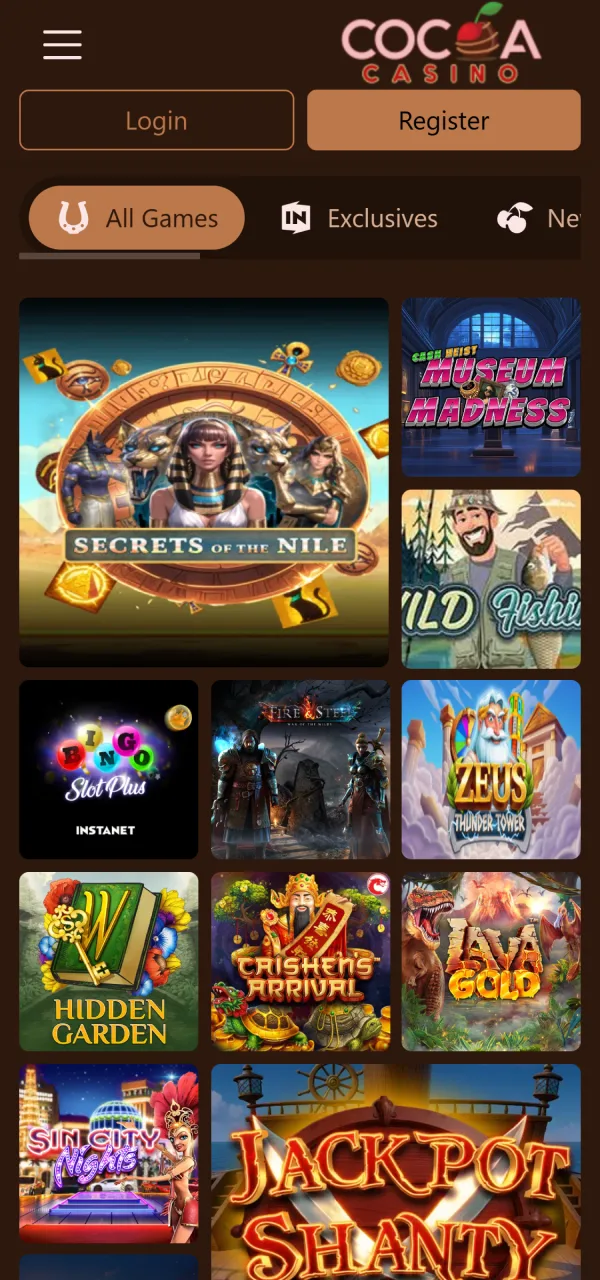 Browse virtual slot machines using the sleek Cocoa Casino App Interface.