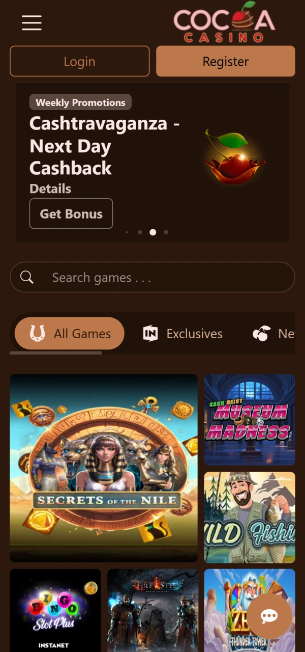 Access the main mobile navigation panel on Cocoa Casino App Interface.
