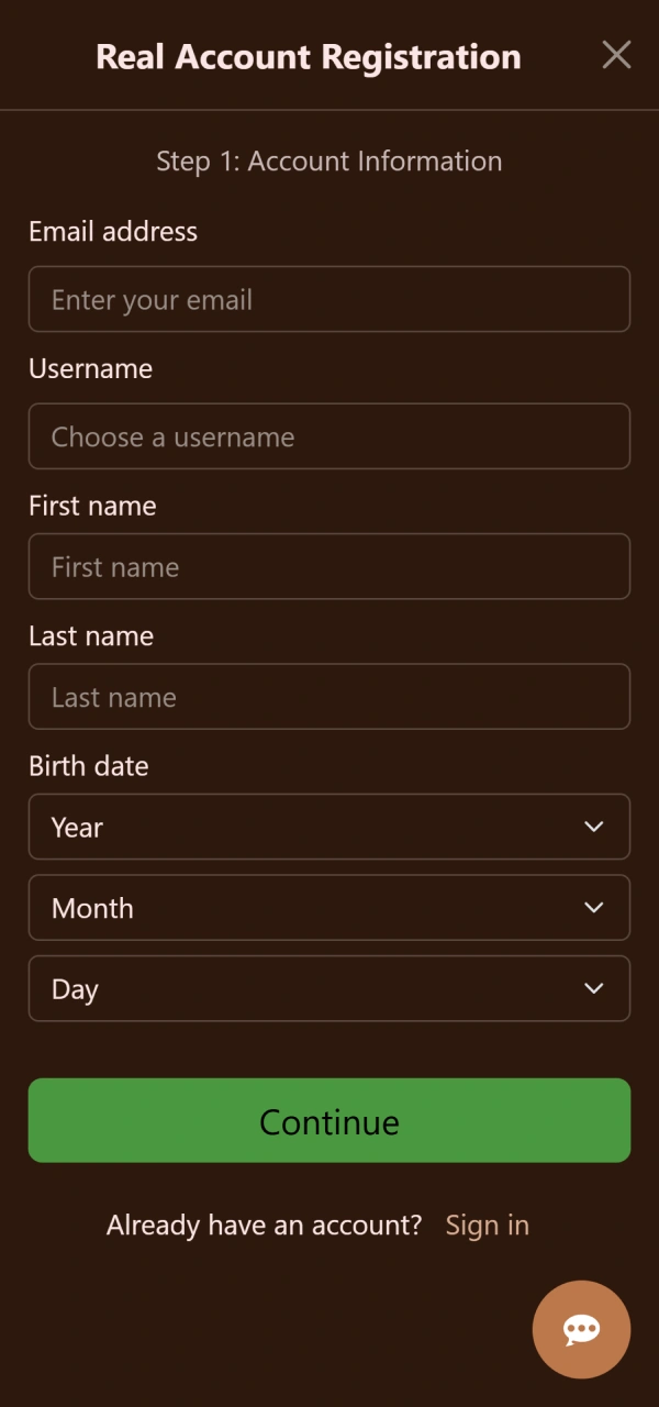 Open the portable account sign up window on Cocoa Casino App.