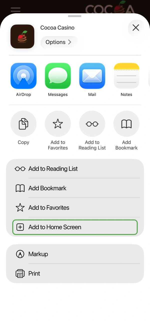 Choose the home screen option to install Cocoa Casino iOS PWA.