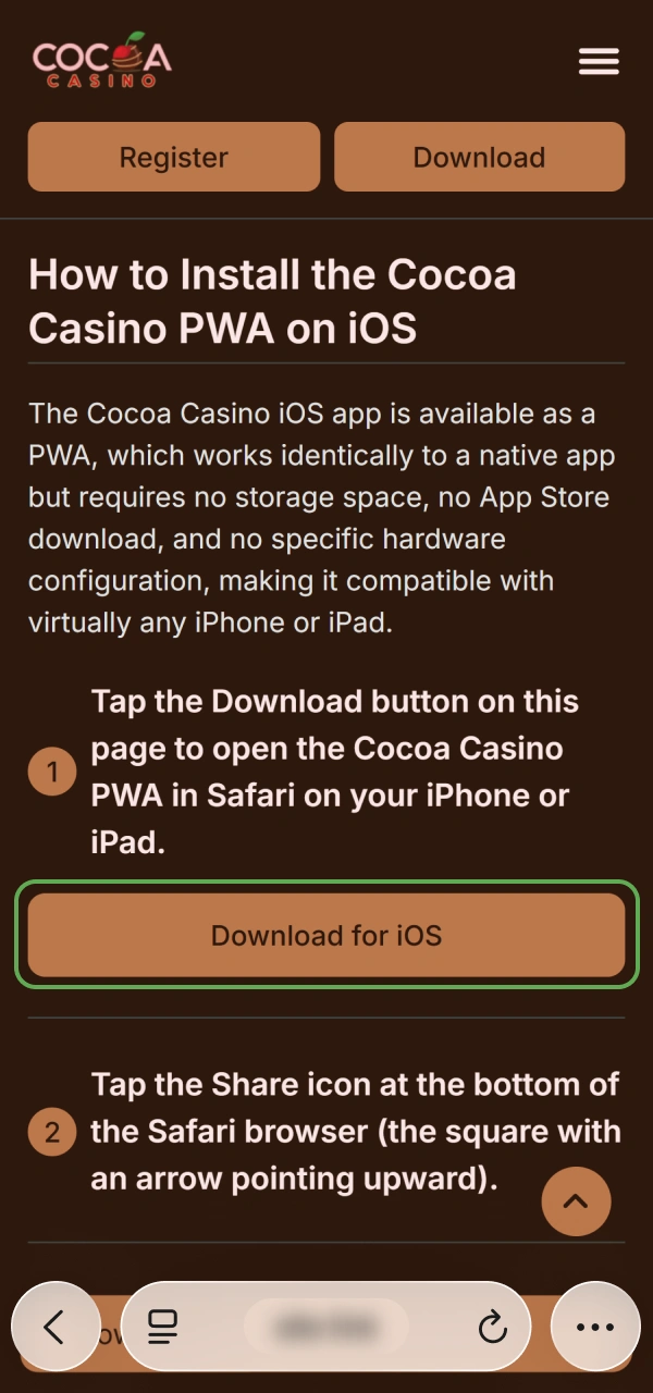 Click the direct link on how to install Cocoa Casino iOS PWA.