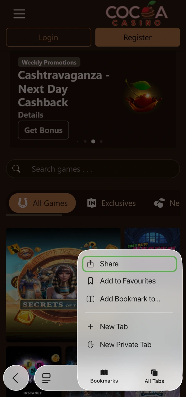 Press the Safari menu icon to install Cocoa Casino iOS PWA.