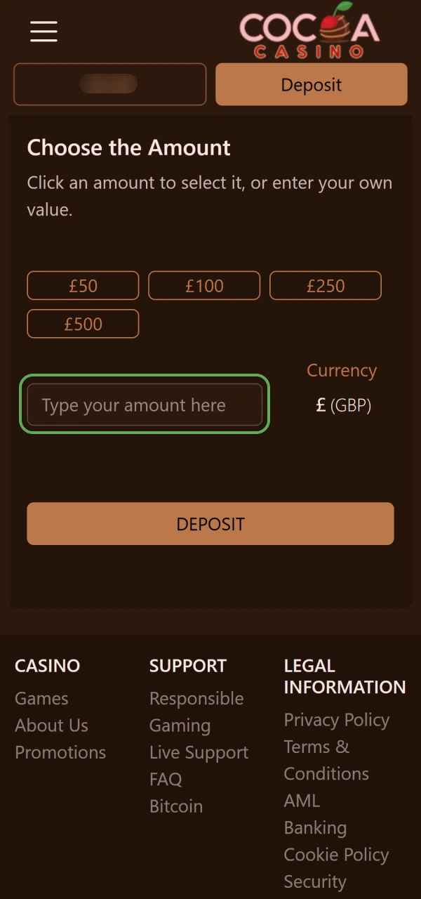 Specify your transfer value on how to deposit money at Cocoa Casino.