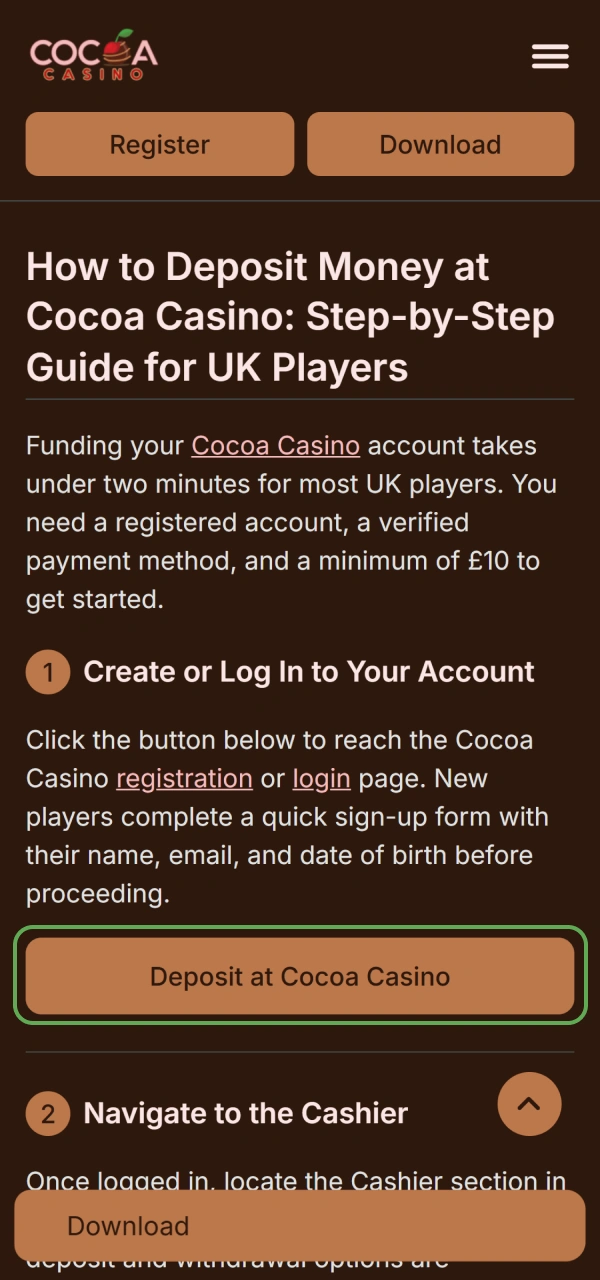 Open your betting profile on how to deposit money at Cocoa Casino.