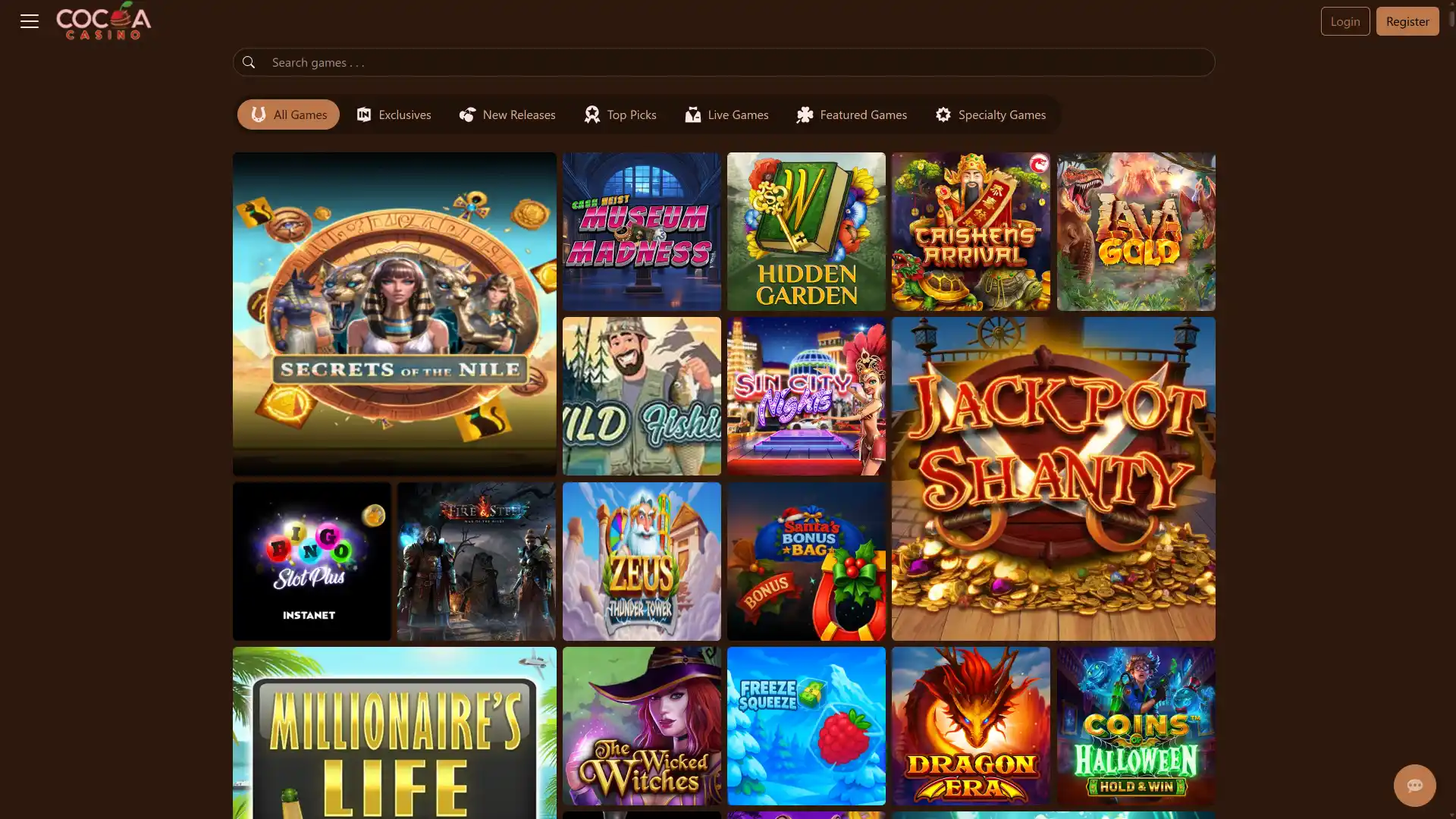 Explore colorful gaming lobbies on the digital Cocoa Casino homepage Interface.