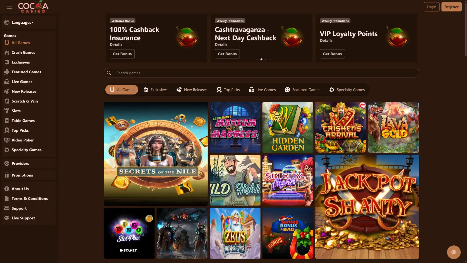 Open the primary menu tab on the Cocoa Casino homepage Interface.