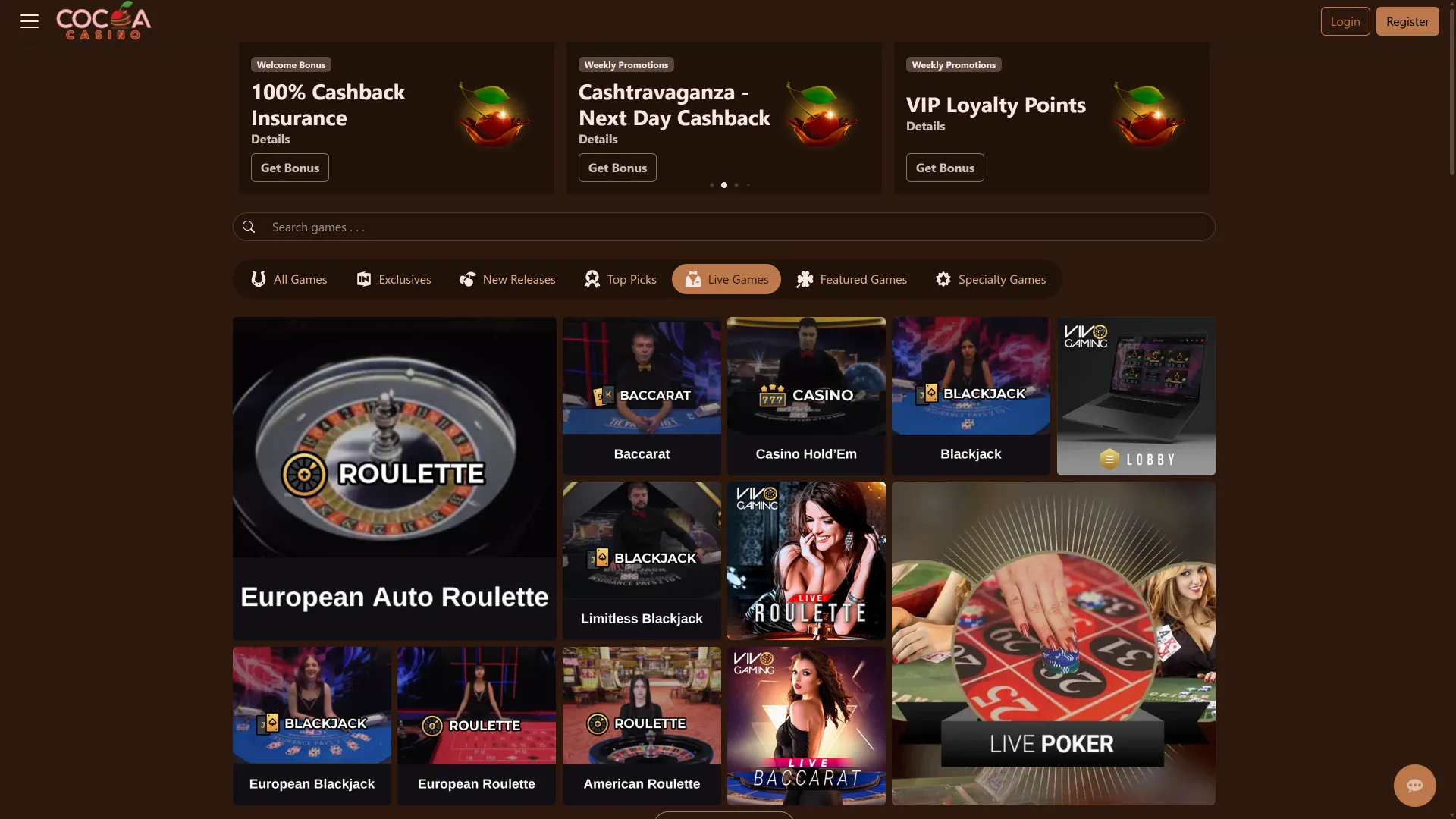 Join interactive dealer tables inside the Cocoa Casino homepage Interface lobby.