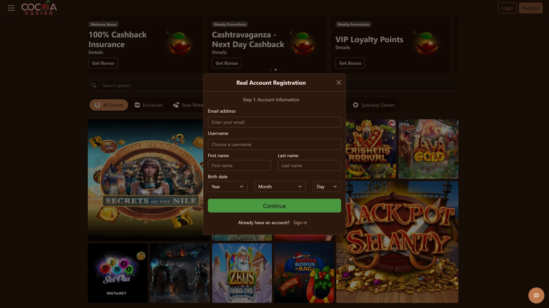 View the new signup form fields on Cocoa Casino homepage Interface.