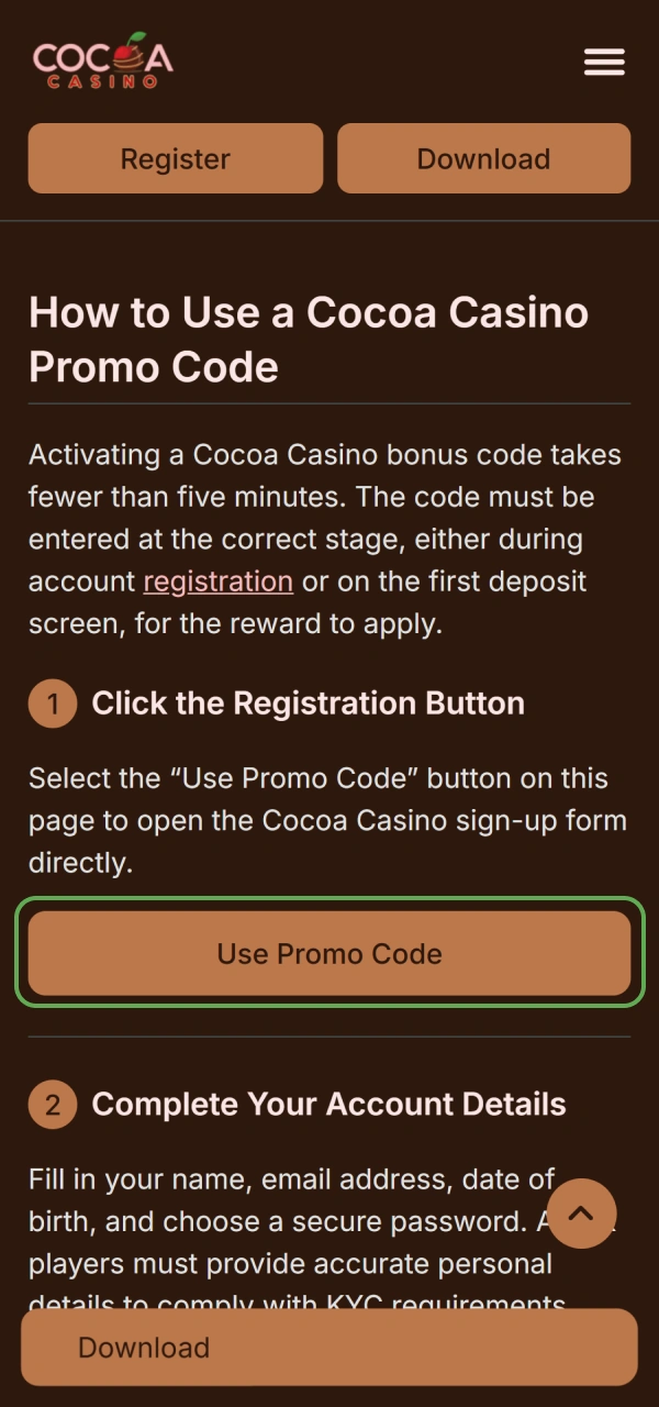 Open your account form on how to use Cocoa Casino Promo Code.