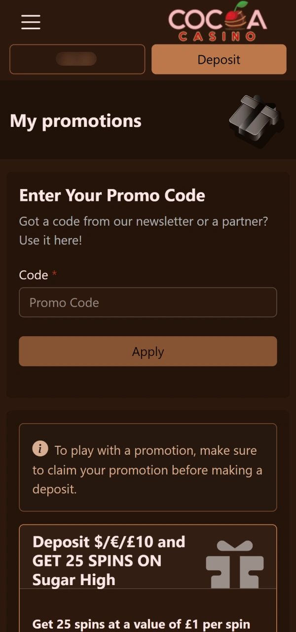 Paste your active voucher on how to use Cocoa Casino Promo Code.