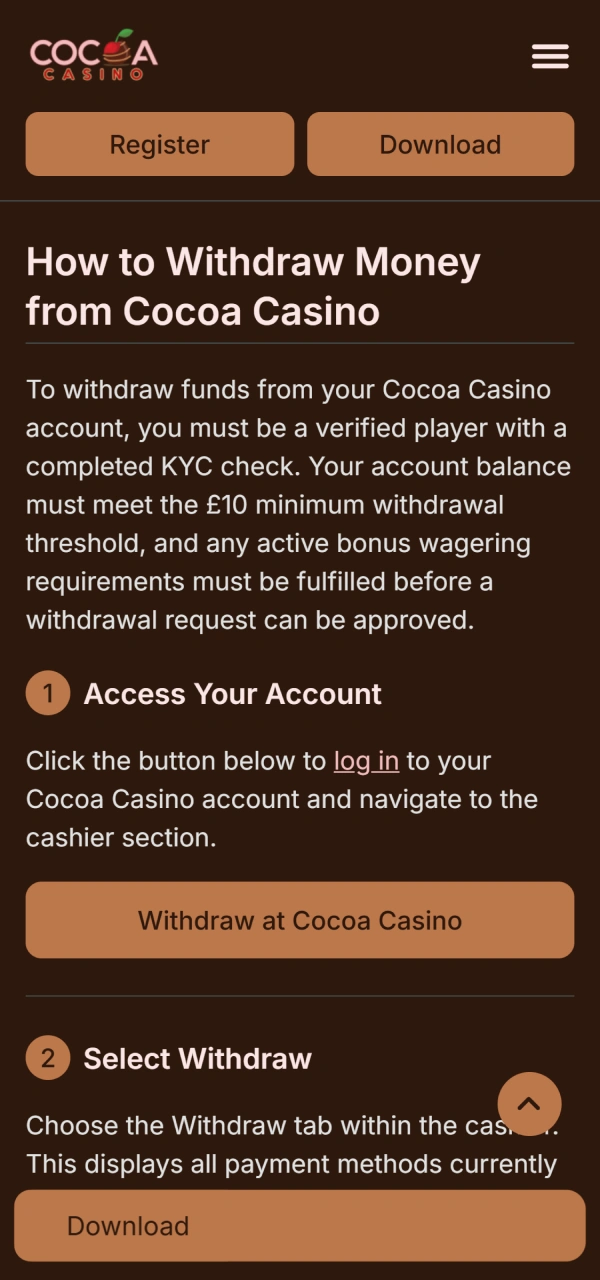 Perform your safe login on how to withdraw money from Cocoa Casino.