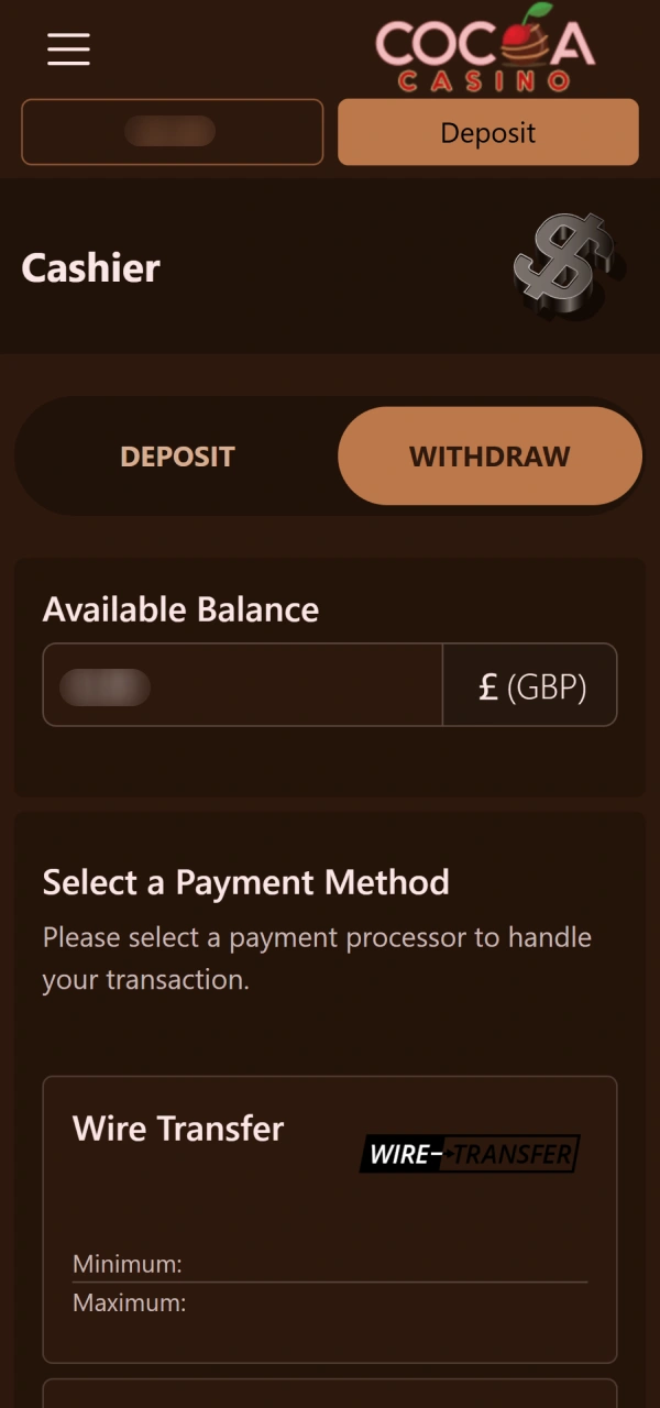 Select your payout system on how to withdraw money from Cocoa Casino.