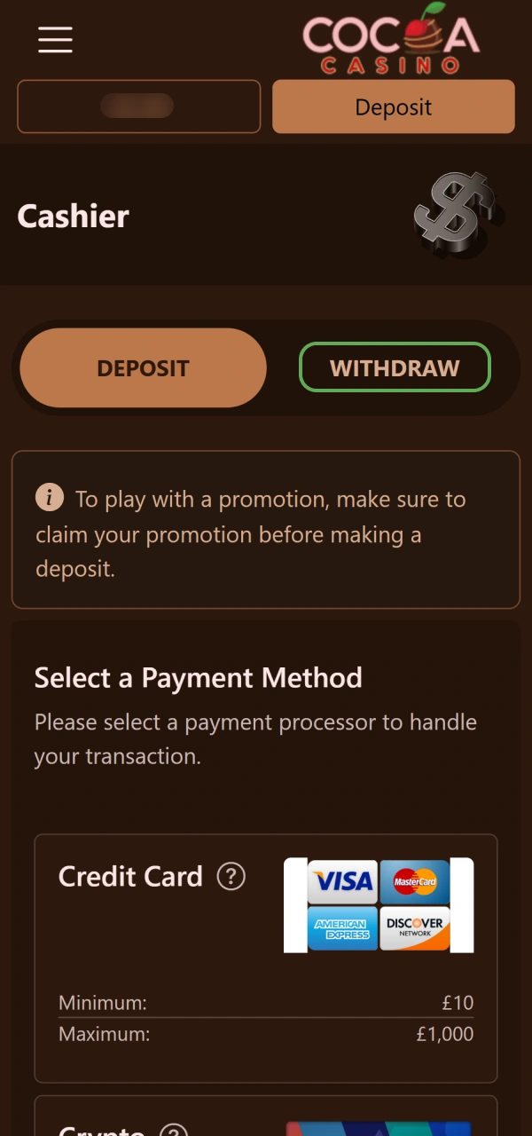Click the cashout button on how to withdraw money from Cocoa Casino.